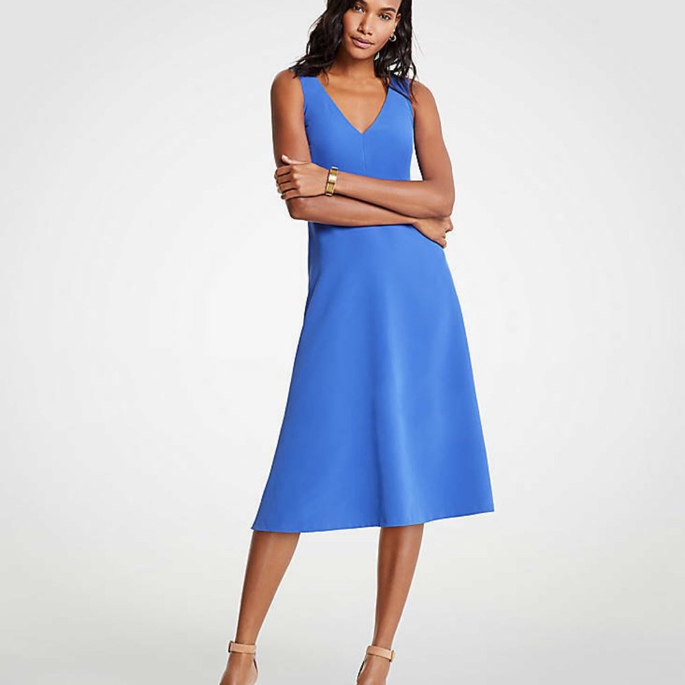 Ann Taylor Vibrant Blue V-Neck Midi Flare Dress